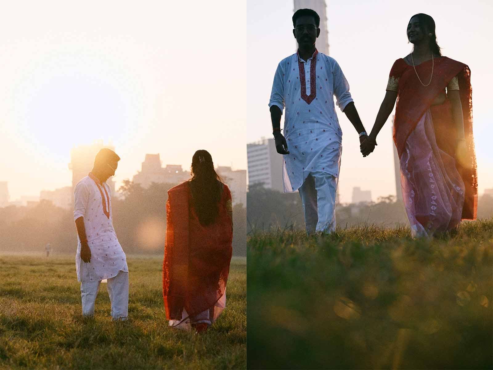 Pre‑wedding couple walking at Maidan, Kolkata — Roy's Studio signature location