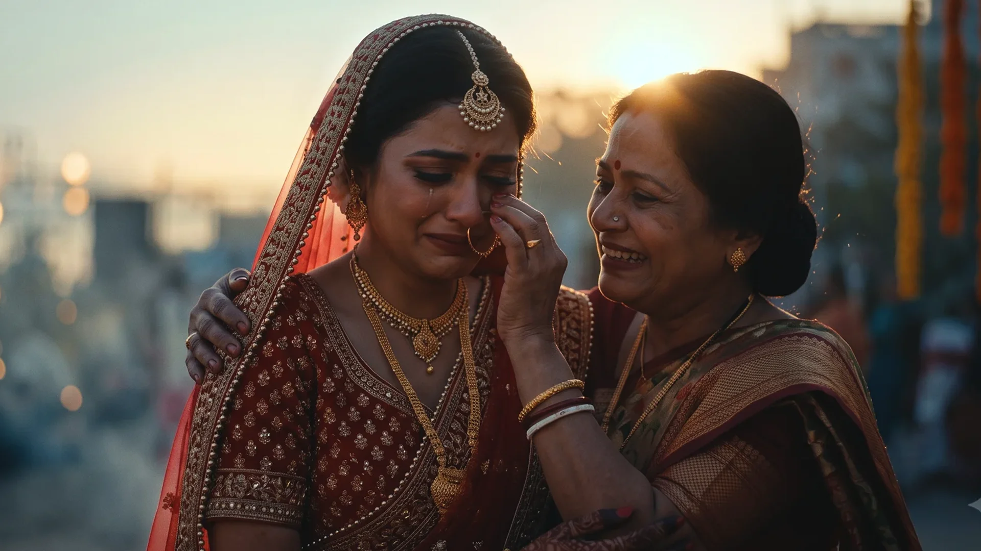 Emotional moment between a bride and her mother during wedding preparations