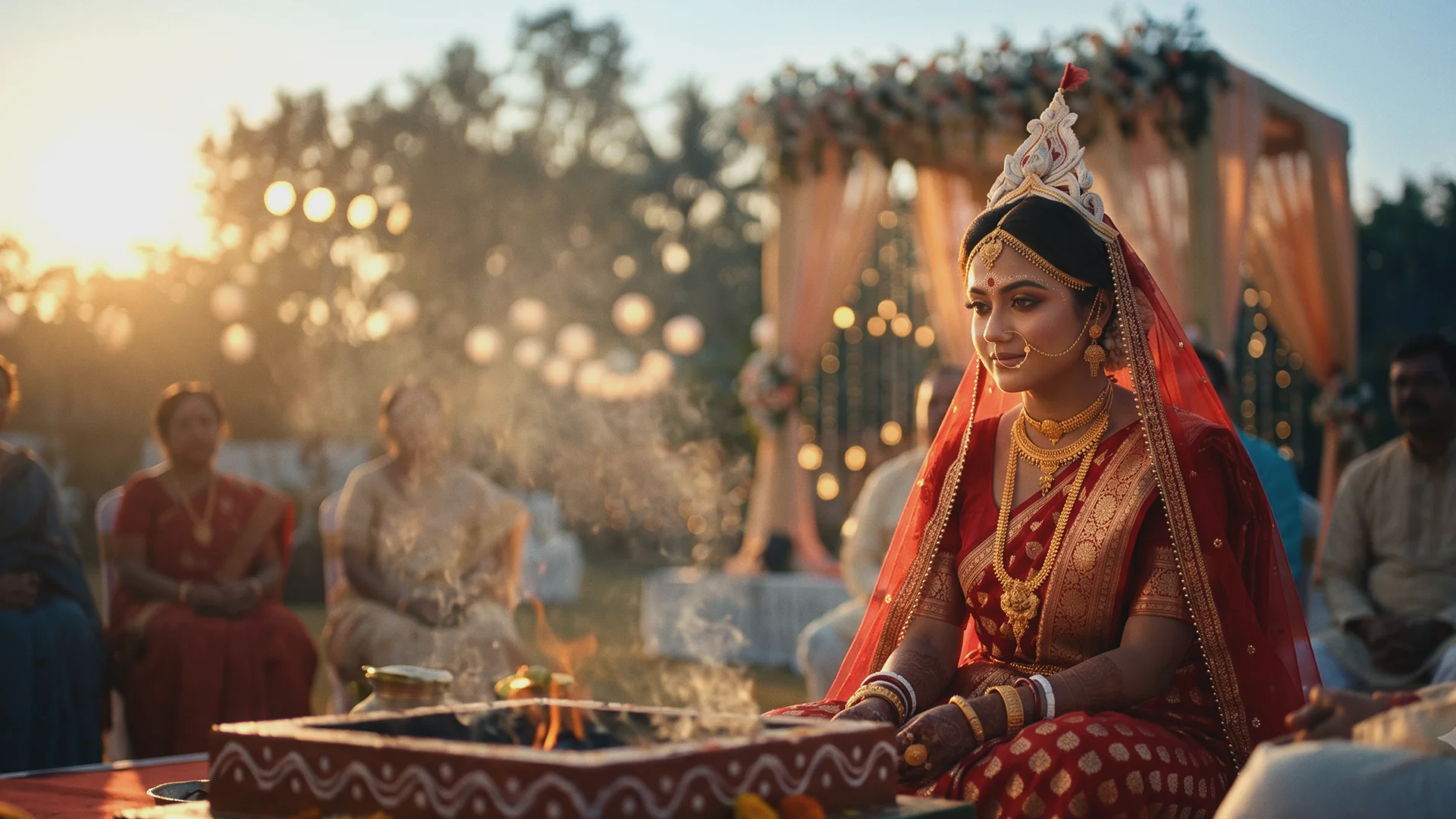 Golden light streaming through a Bengali wedding ceremony venue